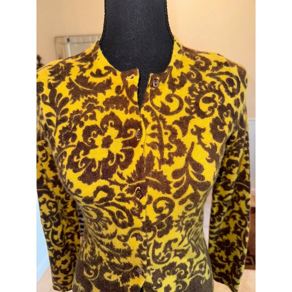 Carol Little Lambs Wool Angora Cardigan Mustard Yellow Brown Paisley Sweater S - Picture 6 of 9